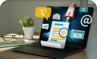 Laptop displaying content marketing icons like a rocket, email and phone.