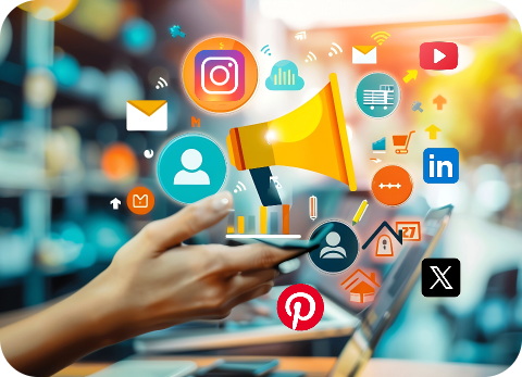 Hand holding a smartphone surrounded by various social media icons 